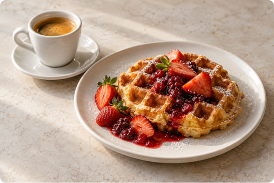Xícara de café e waffle com morangos sobre uma mesa clara