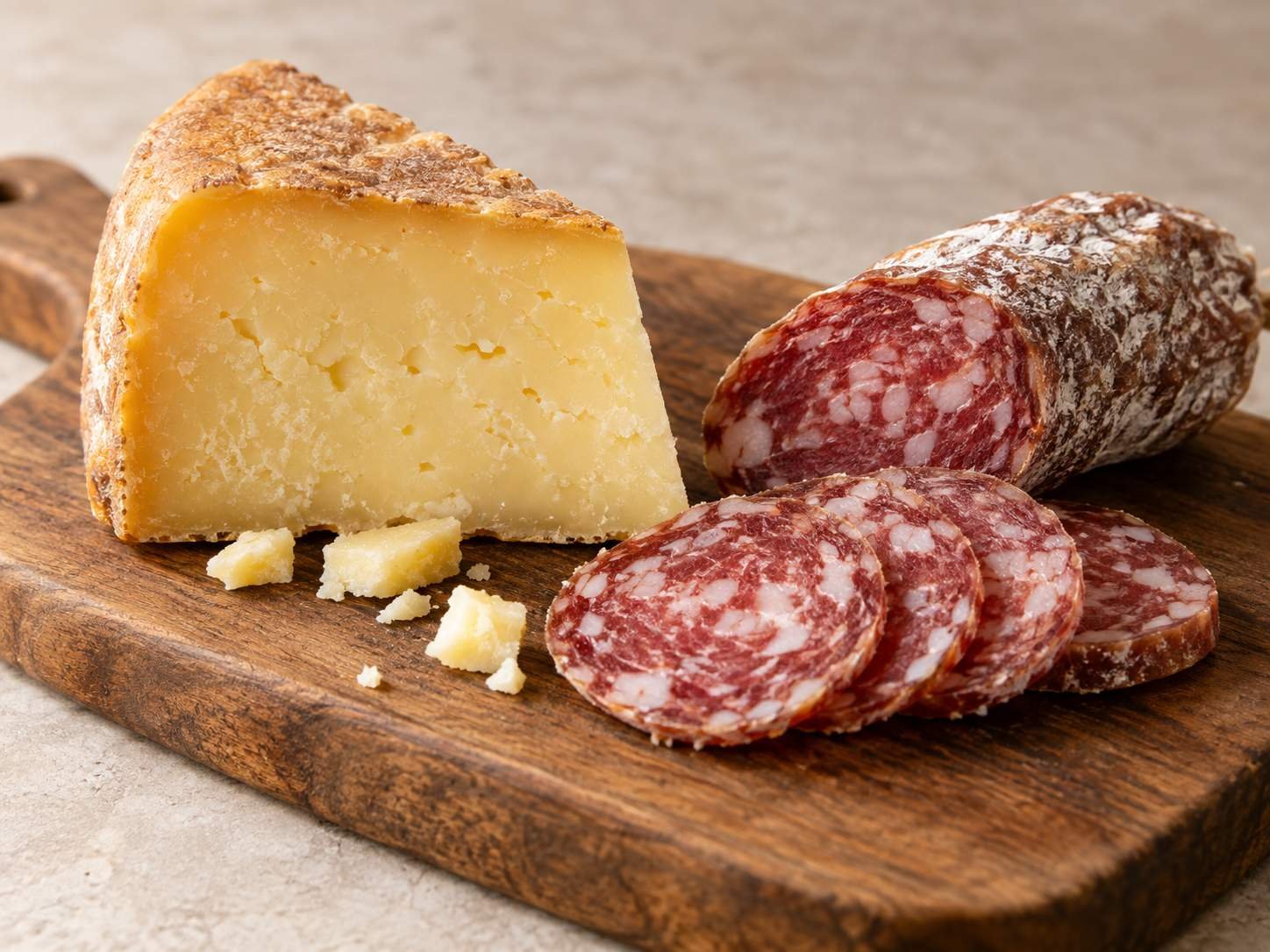Queijo e salame em uma tábua — imagem ilustrativa